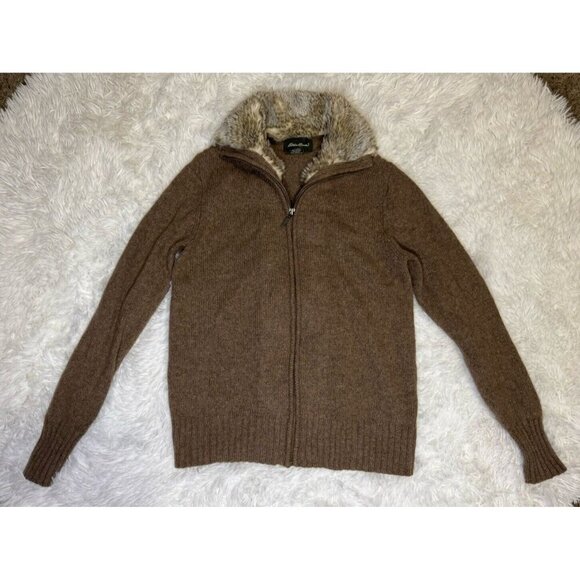 EDDIE BAUER Women Brown Wool Alpaca Blend Faux Fur Sweater Jacket Cardigan SMALL - Picture 1 of 6